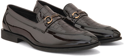 INVICTUS Mens Textured Brown Patent Loafer with Trim Slip On For Men(Brown , 8)