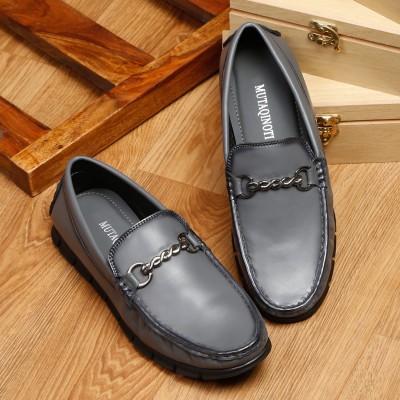 MUTAQINOTI Men's Grey Luxury Leather Shoe Moccasin Loafers For Men(Grey)