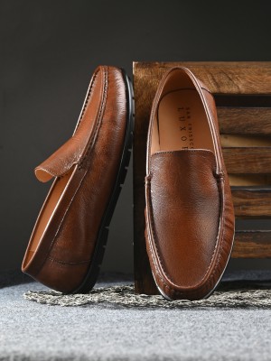 SAN FRISSCO Men tan genuine leather solid slip ons loafers Slip On For Men(Tan)