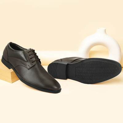 Ronger Genuine Leather Derby Shoes Formal Lace-Up Footwear for Office, Party Wear Corporate Casuals For Men(Brown , 8)