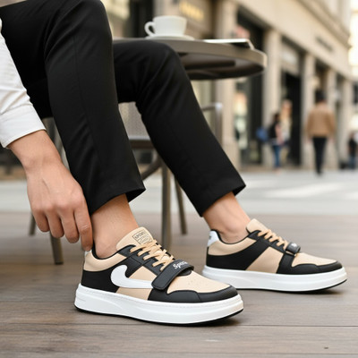 eXson Men's Canvas Sports Shoes Running & Party Wear Shoes Lace Up & Velcro Shoes High Tops For Men(Beige , 9)