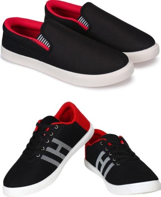 Free Kicks Slip On Sneakers For Men(Black, Red)