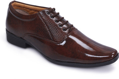 RED LIONS Men's Patent Leather Party Wear Shoes Derby For Men(Brown , 9)