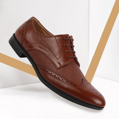 FAUSTO Formal Office Party Genuine Leather Brogue Shoes Lace Up For Men(Tan , 7)