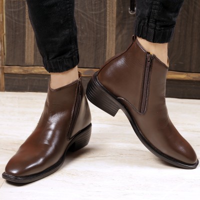 Fasczo Men's Office Wear Formal Height Increasing Zipper Slip-on Ankel Boots Slip On For Men(Brown)