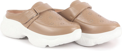 FAUSTO Laser Cut Floral Design Hook and Loop Back Open Slip On Shoes Loafers For Women(Brown , 4)
