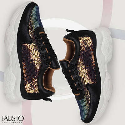 FAUSTO Stylish Lace Up Embellished Sneakers|Walking Lightweight Casual shoes Sneakers For Women(Black , 4)
