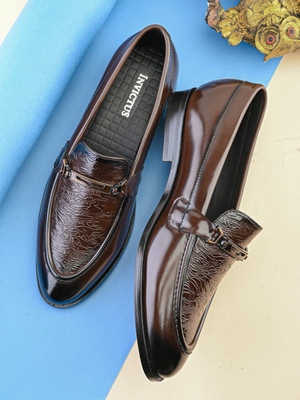 INVICTUS Men brown textured formal officewear semi casual slip on moccasins penny loafer Slip On For Men(Brown , 10)