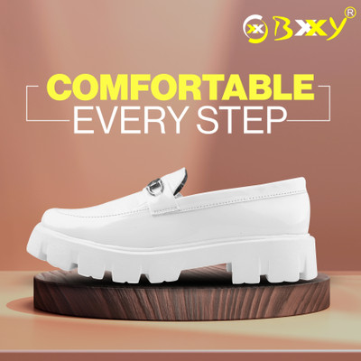 BXXY Men's New Stylish White Casual Patent Material Loafer Buckle Shoes. Loafers For Men(White , 7)