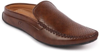 FAUSTO Stitched Block Design Pattern Back Open Slip On Loafer Ethnic Mule For Men(Brown , 9)