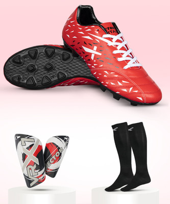 VECTOR X Combo Titan Shoe With Pair of Shin Guard & Stockings Football Soccer Kit Football Shoes For Men(White, Red , 5)