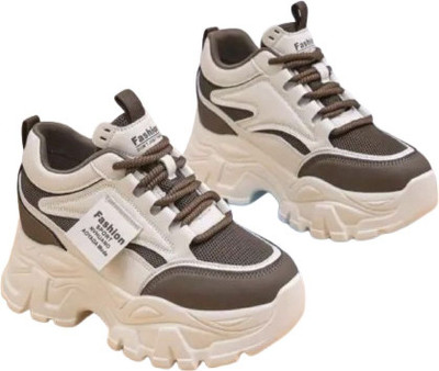 Pharaoh Bold White and Brown Fashion Sneakers with Chunky Sole and Branding Party Wear For Women(Brown , 4)