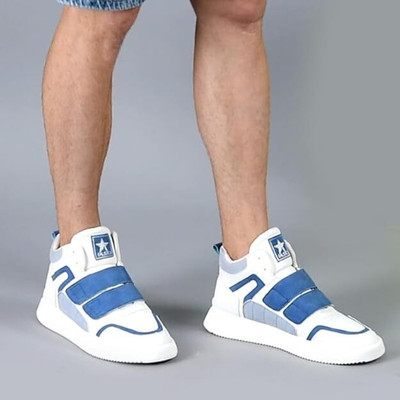 FAUSTO Colorblocked High Top Velcro Adjustable Classic Sneakers|Street Fashion Hi-Top Sneakers For Men(Blue , 7)
