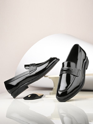 House of Pataudi Glossy Black Slip-On Loafers for Men | Party Wear & Formal Style Slip On For Men(Black , 11)
