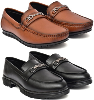 Kaushx Men’s Premium Formal Leather Shoes for Office & Business Wear Slip On For Men(Tan, Black , 9)