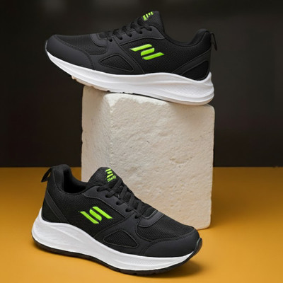 World Wear Footwear Stylish Lightweight Sports Running Shoes for Men | Breathable Comfort For Men(Black, Green , 9)