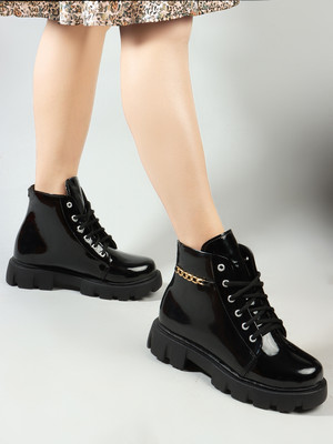 KILLER Smart Casual Chain Detailed Patent Leather Black Boots For Women & Girls Boots For Women(Black , 8)