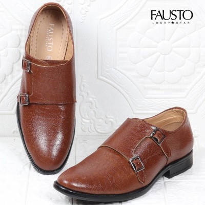 FAUSTO Double Strap Formal Office Meeting Textured Comfort TPR Welted Sole Slip On Monk Strap For Men(Tan)
