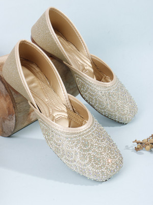 Dipyo Punjabi Juttis Traditional Slip-On Flats with Embroidery Comfortable & Stylish Slip On For Women(Gold , 5)