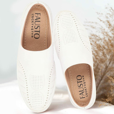 FAUSTO Back Open Stylish Design Slip On Shoes Loafers For Men(White , 9)