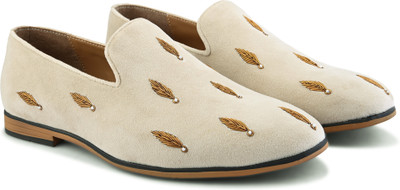 House of Pataudi casual velvet slip on embellished loafers ethnic comfortable mojaris shoes For Men(Beige , 6)