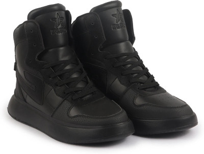 FAUSTO High Top Chunky Classic Lace Up Sneakers|High Ankle Sneakers|Lightweight Sneaker Sneakers For Men(Black , 9)