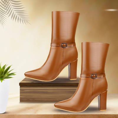 YUVRATO BAXI Tan Classic Leather-Stylish Mid Calf Buckle Boot For Women 3.5 Inch Block Heel High Tops For Women(Tan , 6)
