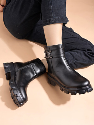 SHOETOPIA Smart Casual Side Buckle Detailed Boots For Women & Girls Boots For Women(Black , 8)