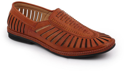 FAUSTO Laser Cut Stiched Design Fashion Party Ethnic Wedding Slip On Comfort Jutis and Mojaris For Men(Tan , 9)