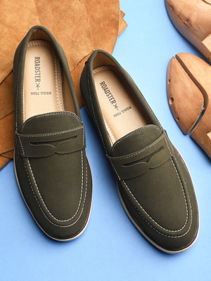 Roadster Men olive solid suede round toe comfortable slip on moccasins stylish casual lo Loafers For Men(Olive , 8)