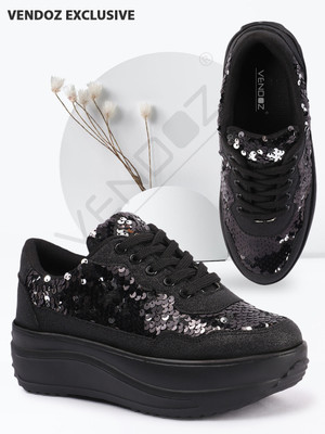 VENDOZ GLITTERY WEDDING AND PARTY WEAR Sneakers For Women(Black , 3)
