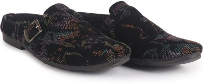 FAUSTO Abstract Print Back Open Velvet Ethnic Kurta Shoes with Side Adjustable Strap Mojaris For Men(Black , 10)