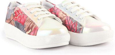 FAUSTO Glossy Floral Print Lace Up Party Shoes|Platform Height Enhancer Sneakers For Women(Grey , 4)