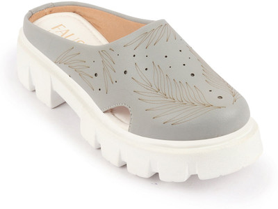 FAUSTO Fashion Outdoor Leaf Print Laser Cut Design Open Back Slip On Casual Shoes Loafers For Women(Grey , 3)
