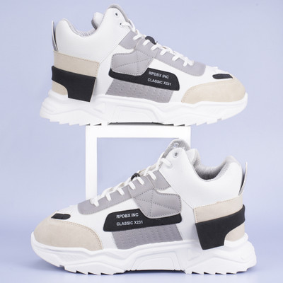 RapidBox Color Block Sneakers For Men(White, Black , 8)