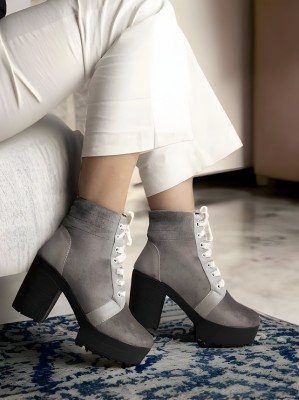 STRASSE PARIS London Design Women's Ankle Length Block Heel Stylish Fashionable Grey Boots Boots For Women(Grey , 4)