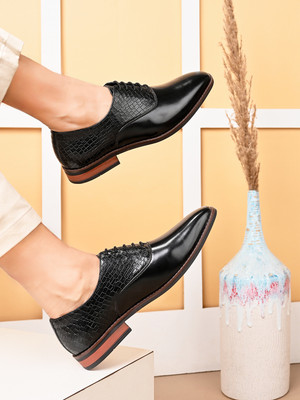 House of Pataudi PU Synthetic Textured Lace-Ups Formal Shoes Oxford For Men(Black , 8)
