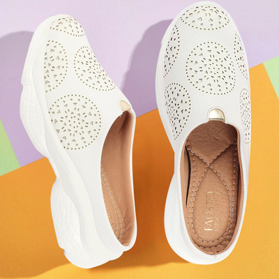 FAUSTO Laser Cut Design Back Open Slip On Mules Shoes Loafers For Women(White , 4)