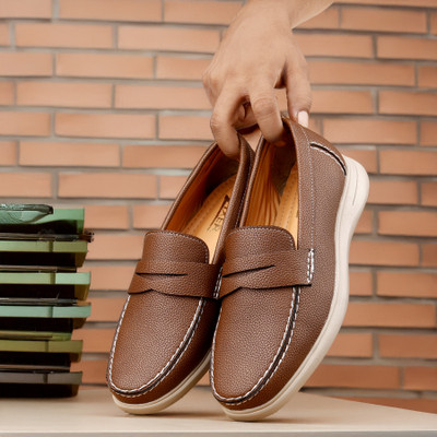 Zixer Premium Slip-On Loafers Shoes/Stylish Contrast Stitching Hand Made Loafers Shoes Loafers For Men(Tan , 8)