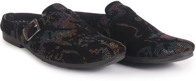 FAUSTO Abstract Print Back Open Velvet Ethnic Kurta Shoes with Side Adjustable Strap Mojaris For Men(Black , 8)