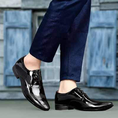 AJNIHA Premium Class Designer Patent Leatherette Shining Jet Black Lace-Up Party Lace Up For Men(Black , 7)