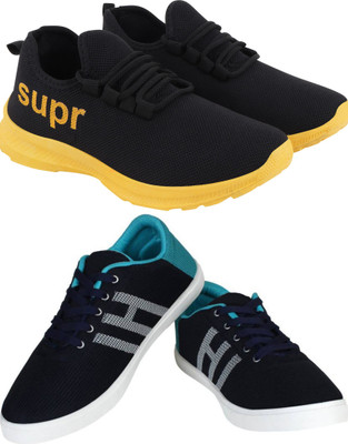 Free Kicks Combo of 2 FK - 412 & MCW145 Trendy Running Shoes For Men(Black, Yellow, Blue , 9)