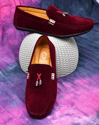 CHILWELL Velvet slip-on shoes Loafers For Men(Maroon , 6)