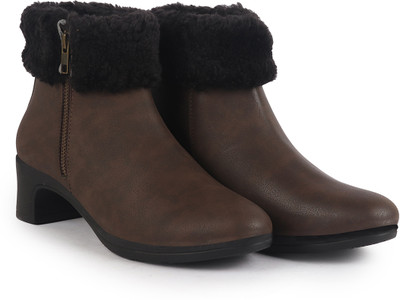 FAUSTO High Ankle Flared Heel Side Zipper Winter Classic Fur Boots|Outdoor Boots|Work Boots For Women(Brown , 5)