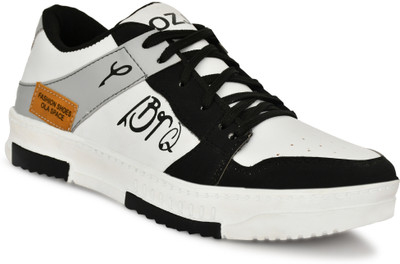 OZJI Men's White Casual Sneakers – Trendy Black & Beige Panel Lace-Up Shoes Sneakers For Men(Black, White , 8)