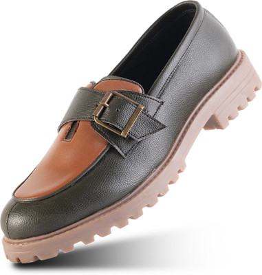 MONKSTORY Monkstory Cosmopolitan Buckled Loafers - Olive/Tan Loafers For Men(Olive, Tan , 10)