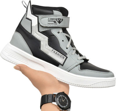Zixer Casual High Top Shoes For Men High Ankle Boy's Sneakers Fashion Trending Bikers Casuals For Men(Grey , 10)