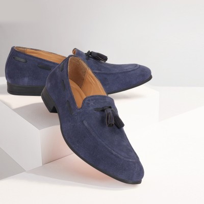 FAUSTO Suede Leather Casual Tassel Shoes Loafers For Men(Navy)