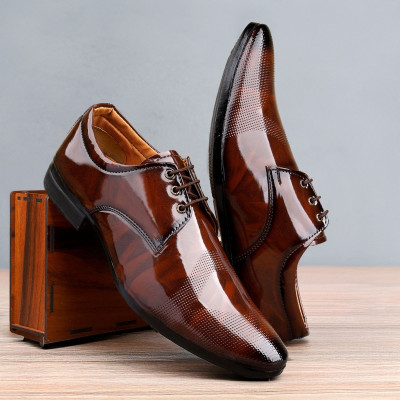 AJNIHA Premium Oxford Class Designer Patent Leatherette Shining Jet Black Lace-Up Party Lace Up For Men(Brown , 6)