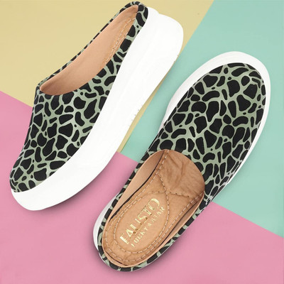 FAUSTO Fashion Outdoor Leopard Print Height Enhancer Open Back Slip On Casual Shoes Loafers For Women(Olive , 4)